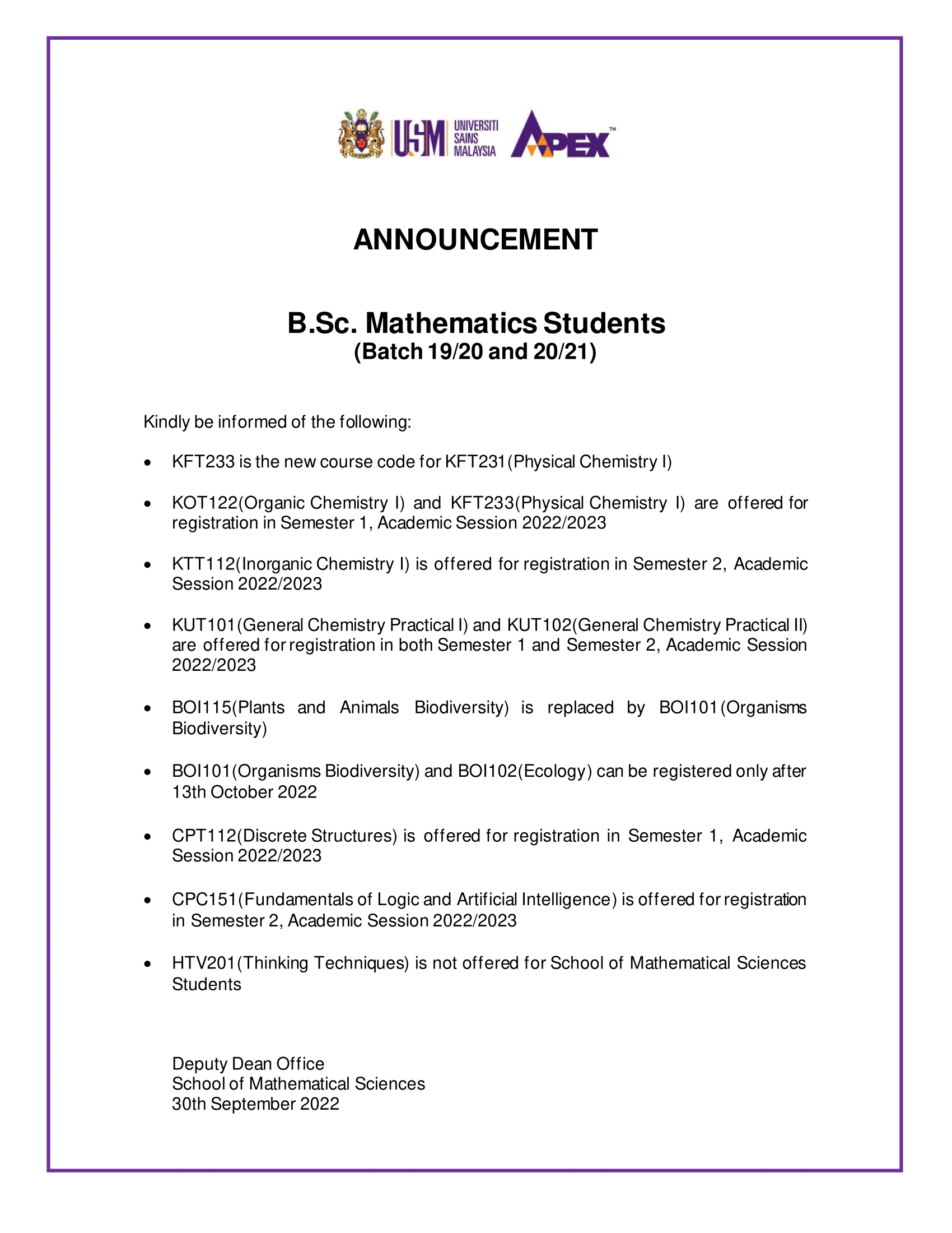 Science Courses Announcement 1