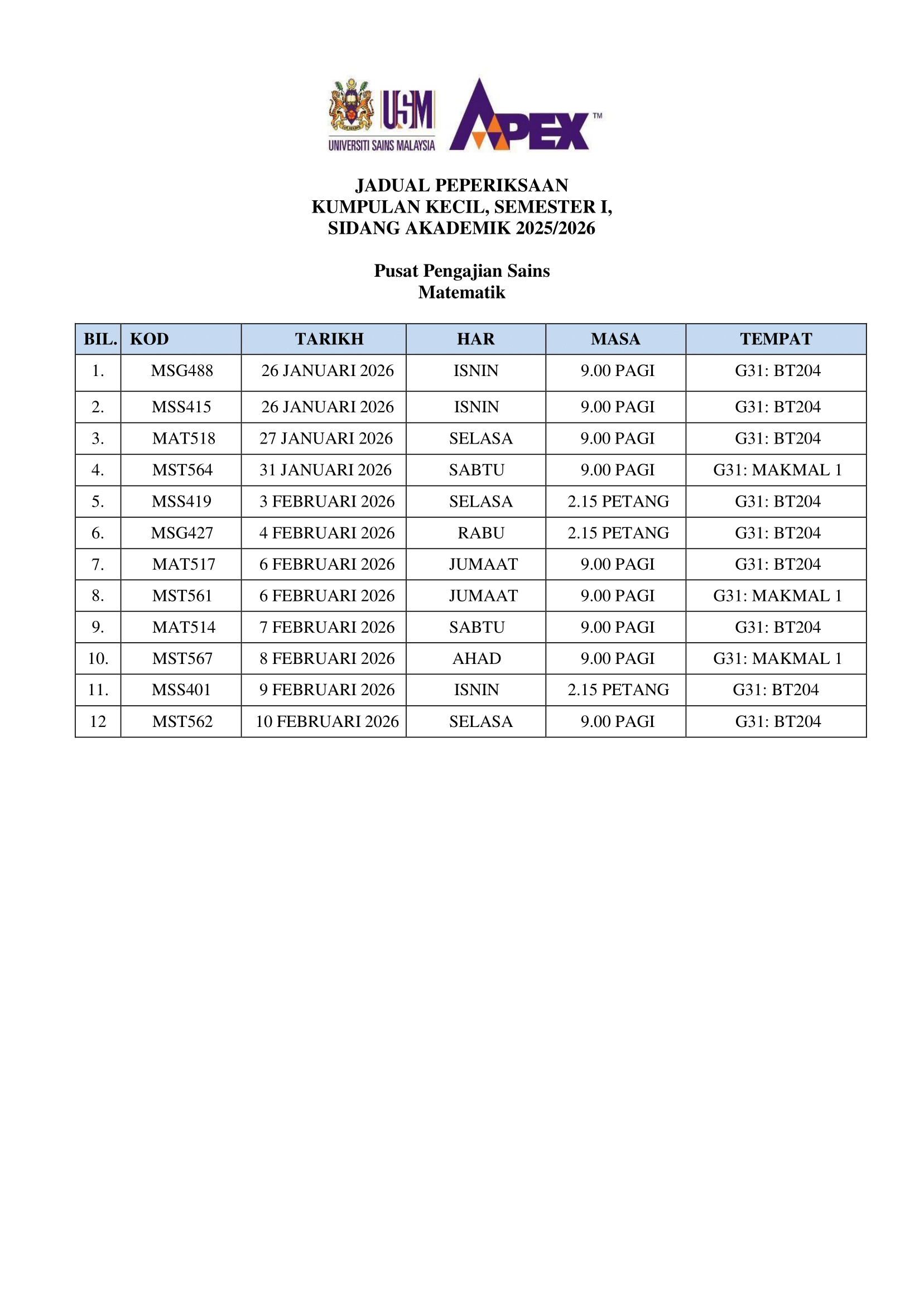 JADUAL PEPERIKSAAN KUMPULAN KECIL SEM 1 2025 2026 1